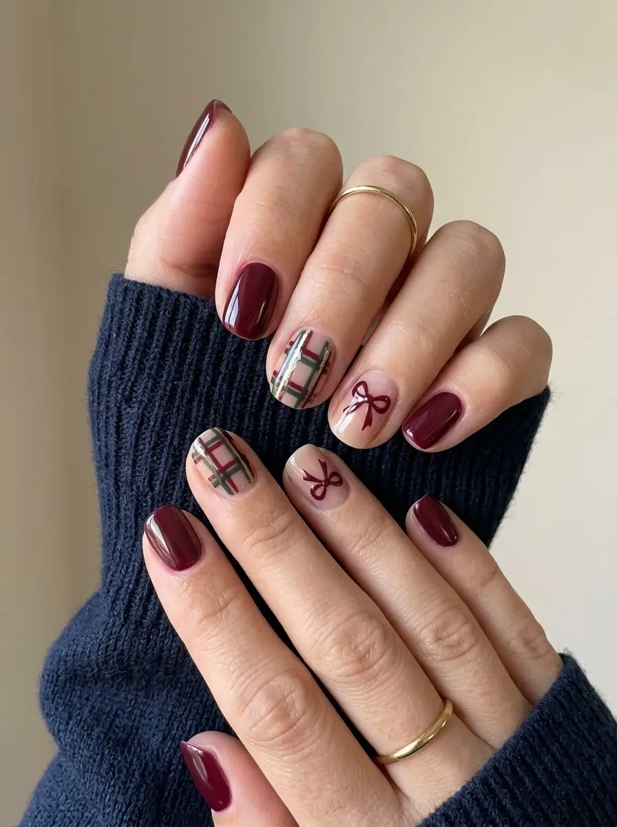 Burgundy Plaid and Bow Christmas Nails - Glossy deep wine-red short rounded nails with burgundy and green plaid and hand-painted bow accents