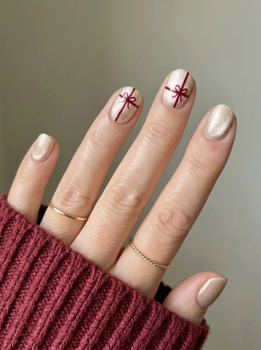Champagne Shimmer Gift-Bow Christmas Nails - Softly sparkling champagne shimmer short rounded nails with burgundy ribbon lines and bows