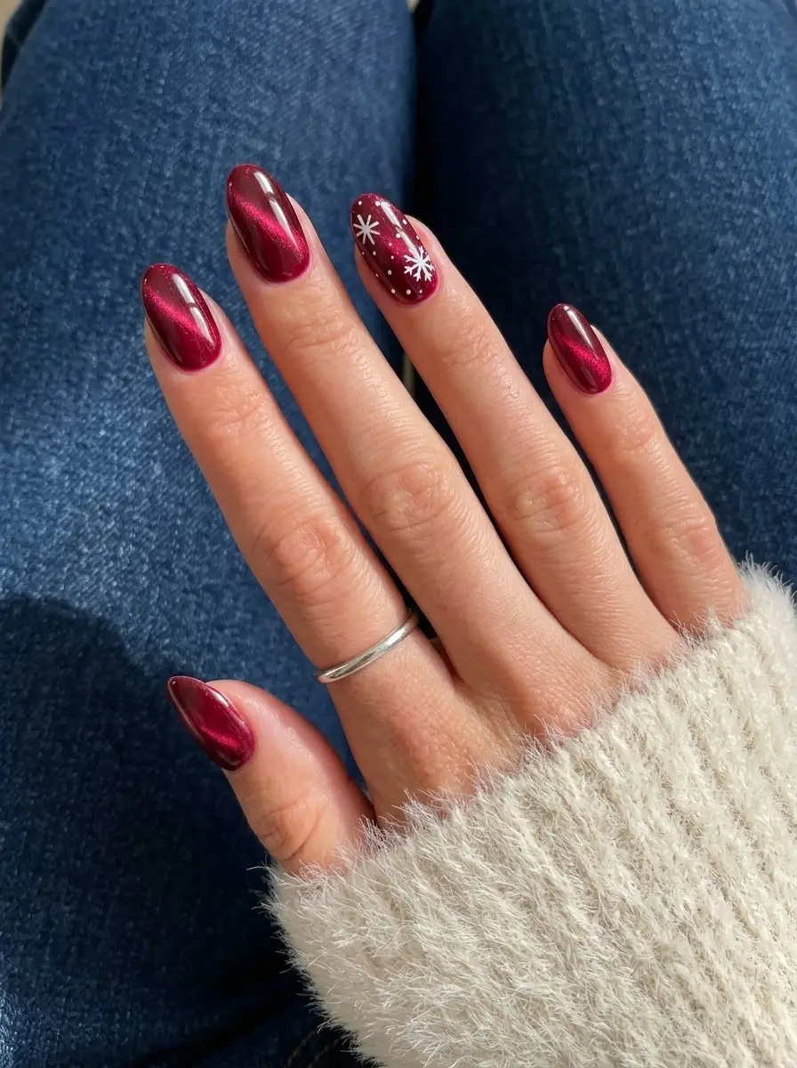 Deep Red Cat-Eye Snowflake Christmas Nails - Rich cranberry cat eye short almond nails with crisp white snowflakes and dots
