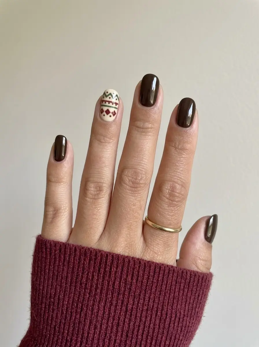 Chocolate Fair Isle Christmas Nails - Glossy dark chocolate brown short rounded nails with a cream Fair Isle knit accent nail
