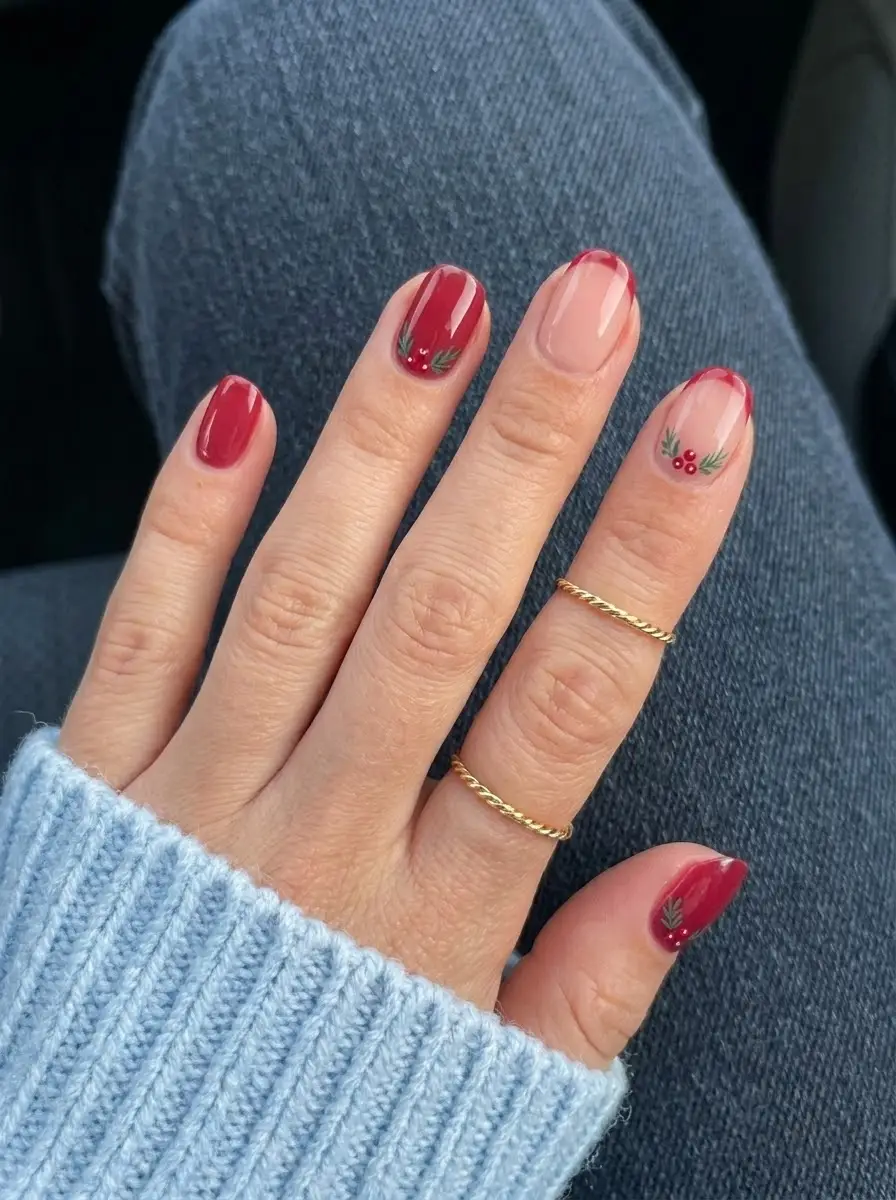 Berry Red Christmas Nails With Evergreen Accents - Glossy deep red short rounded nails with sheer pink accents and evergreen sprigs with red berries