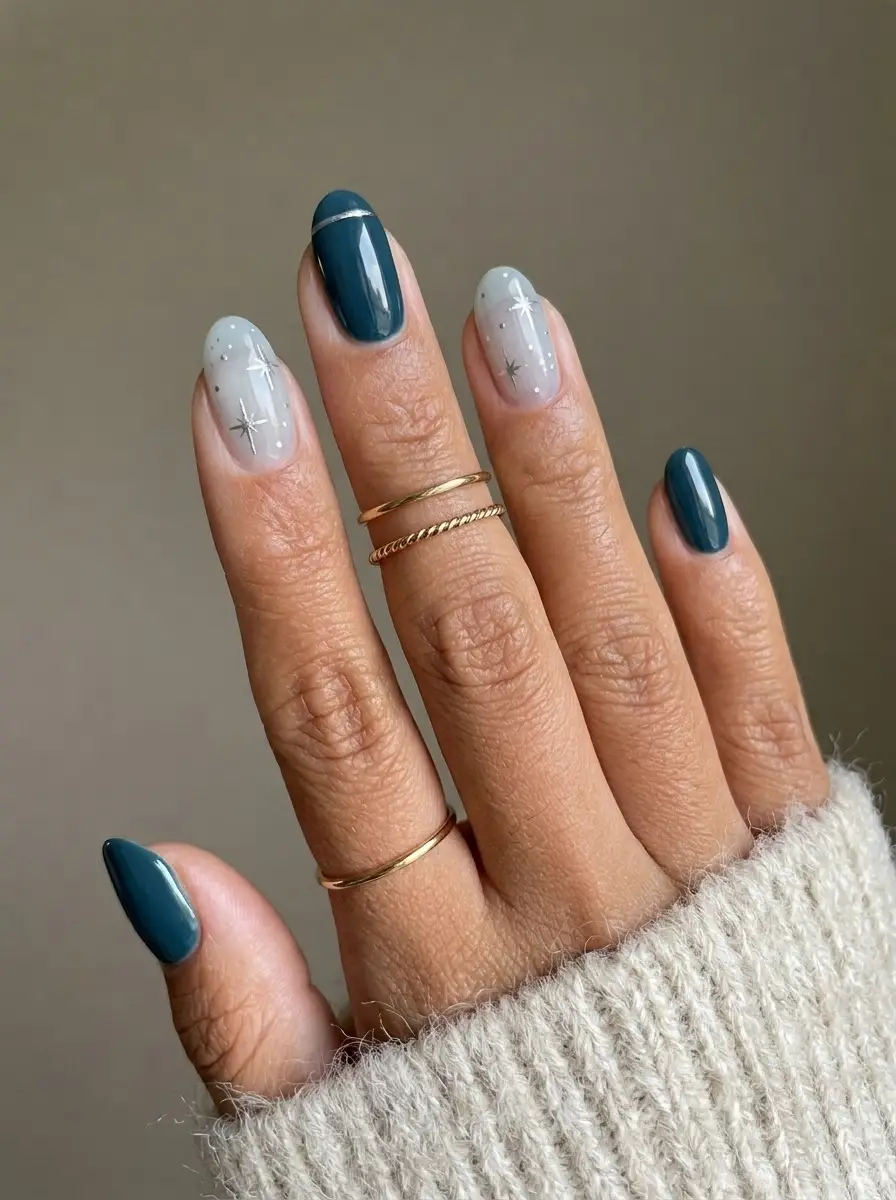 Teal Winter Nails With Silver Star Accents - Deep teal short rounded nails with icy gray accent nails and silver starbursts