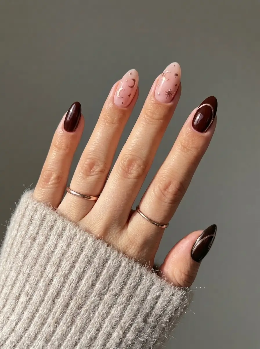 Deep Burgundy Celestial Christmas Nails - Glossy deep wine-red short almond nails with nude-pink celestial accent nails with gold crescent moons