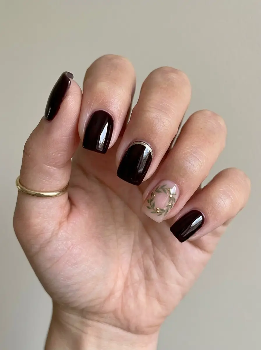 Dark Chocolate Christmas Nails With Wreath Accent - Glossy espresso brown short square nails with a delicate green leafy wreath accent