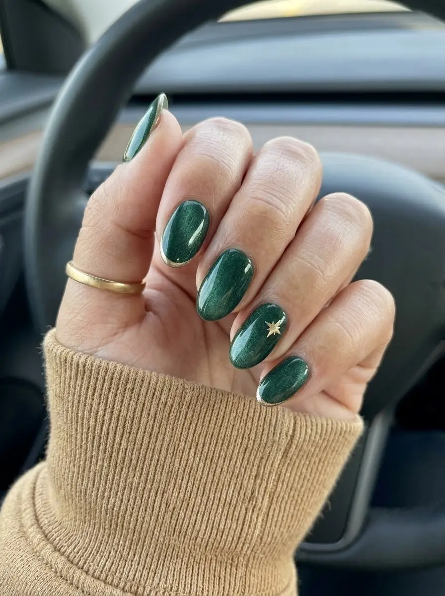 Emerald Green Christmas Nails With Gold Star Accent - Luminous emerald green shimmer short oval nails with gold edging and eight-point star