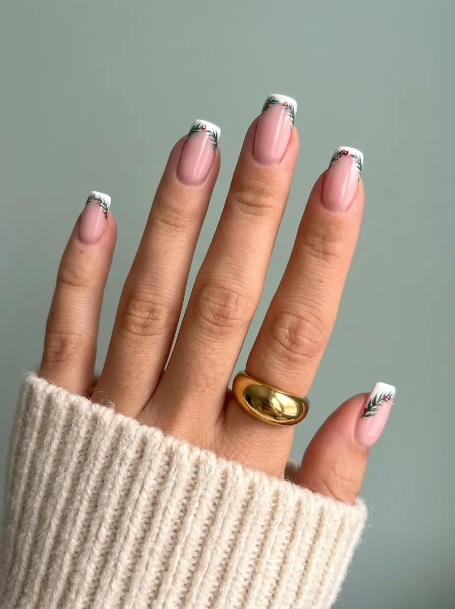 White French Christmas Nails With Evergreen and Berry Details - Glossy soft-pink short square nails with white French tips, evergreen branches, and red berries