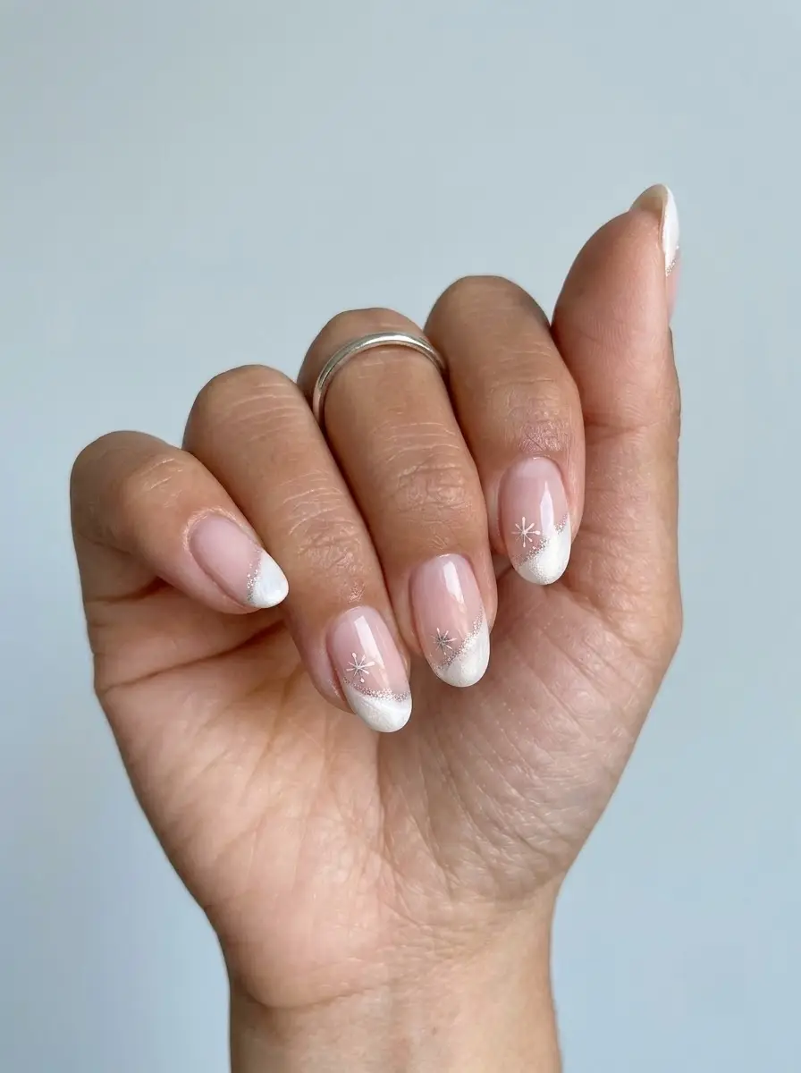 Snowy White French Nails With Silver Starbursts - Translucent nude-pink short nails with frosted white French tips, silver glitter, and starbursts
