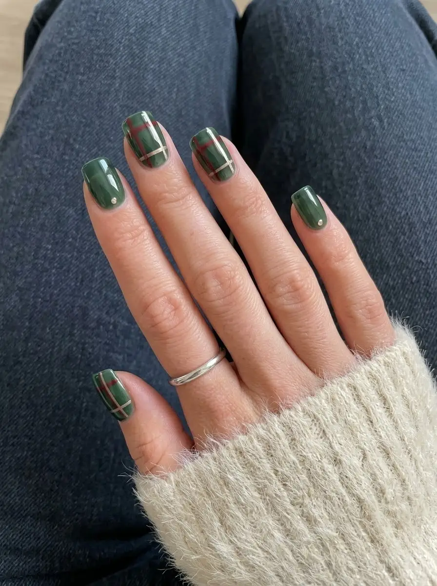 Dark Green Plaid Short Christmas Nails - Short square nails in glossy forest green with burgundy and metallic gold plaid lines