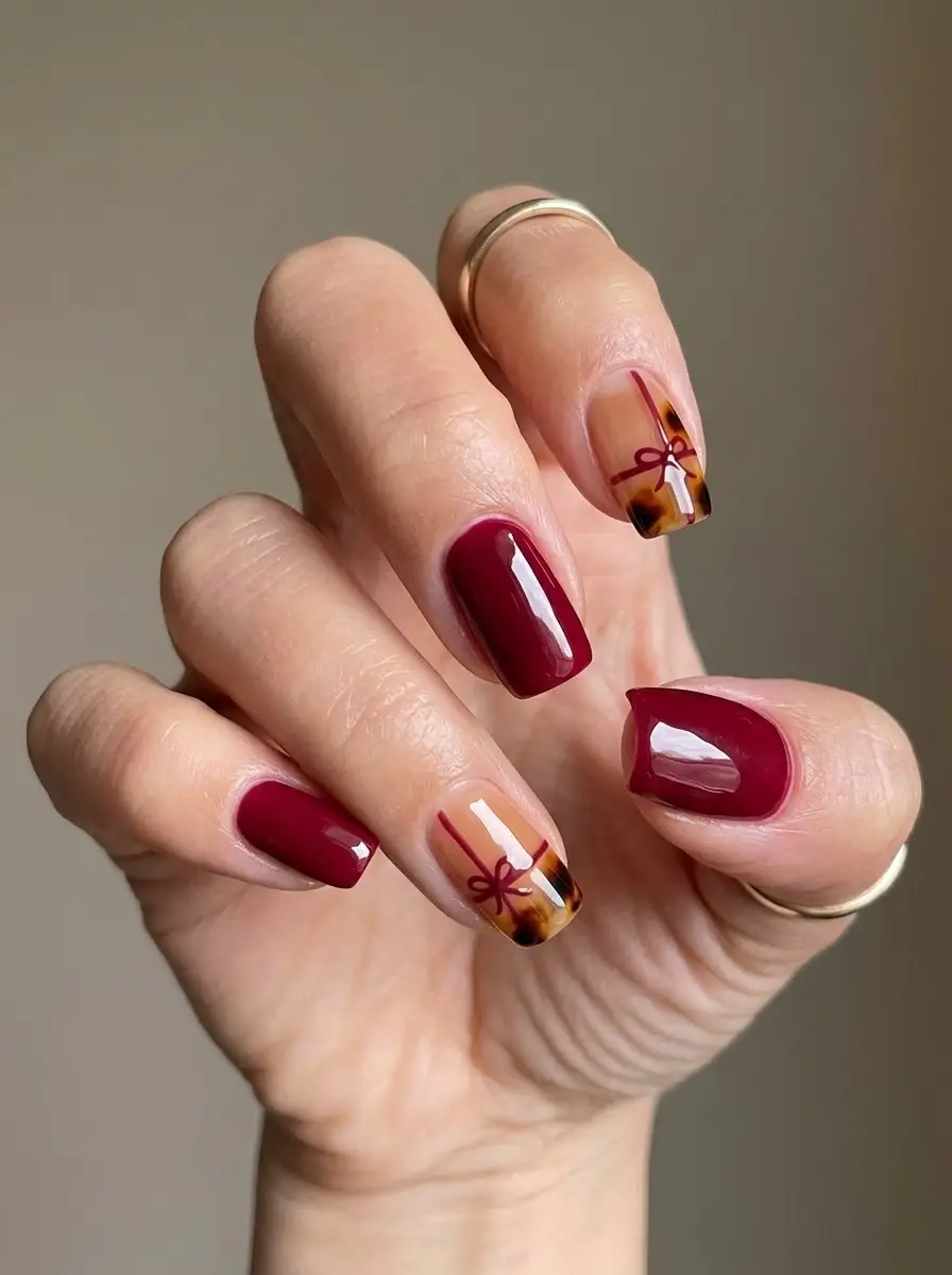 Deep Red Tortoiseshell Bow Christmas Nails - Glossy deep red short square nails with tortoiseshell tips and fine burgundy bows