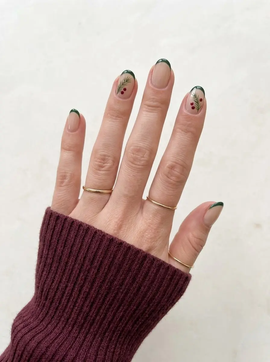 Evergreen Berry Micro-French Christmas Nails - Micro forest green French tips on sheer nude pink base with tiny sprigs and red berries
