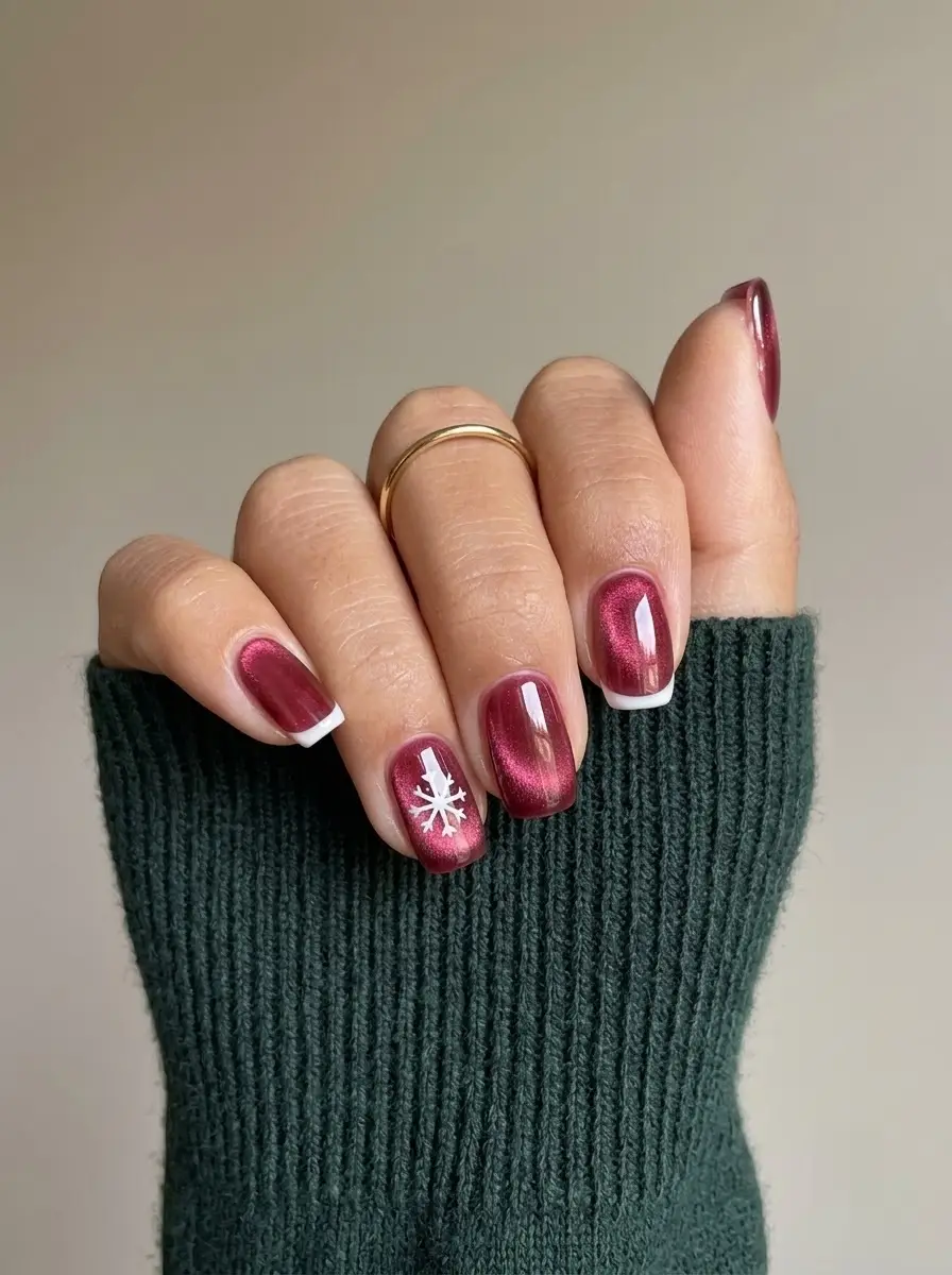 Cranberry Cat-Eye Snowflake Christmas Nails - Berry red magnetic cat eye short square nails with white French tips and a white snowflake