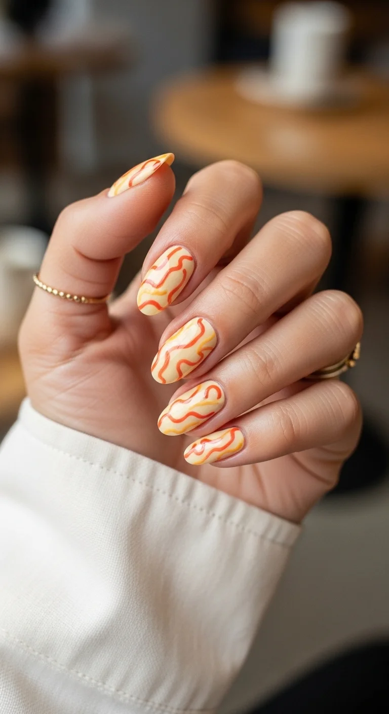 Almond nails with a pale yellow base and organic coral-red wavy swirl lines across all nails.