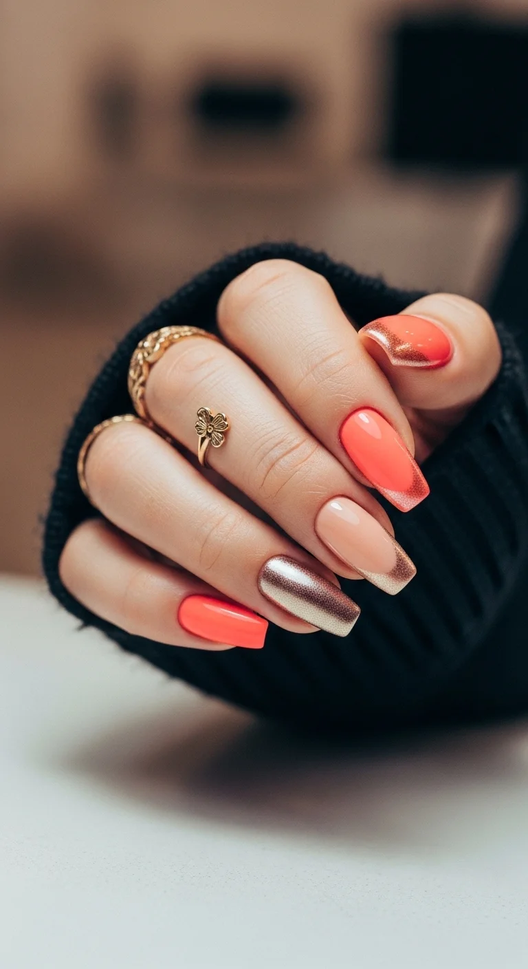 Coffin nails mixing solid coral-orange, nude with gold foil, and full metallic bronze chrome.