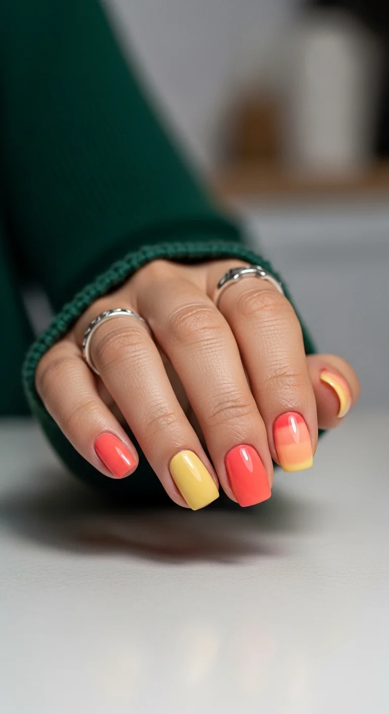Short square nails with a sunset gradient transitioning from coral-pink through yellow.