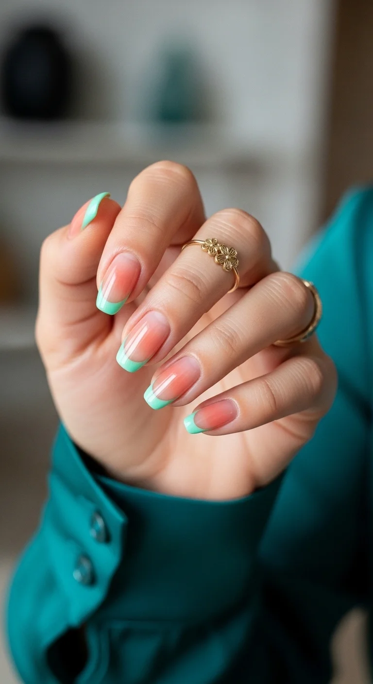 Almond nails with a sheer nude base, soft coral blush at the center, and mint green French tips.