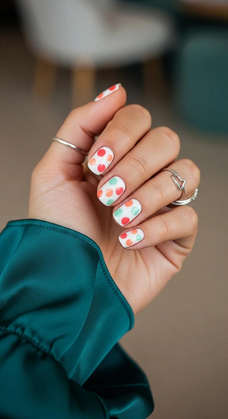 Short square nails with a white base and colorful polka dots in coral, mint green, and orange.