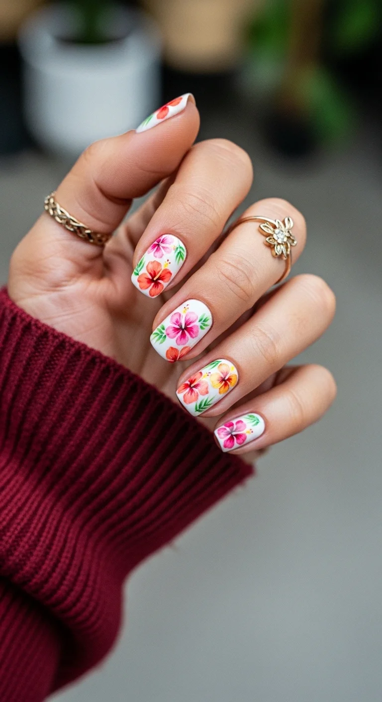Almond nails with a milky white base featuring cascading coral and pink floral elements.