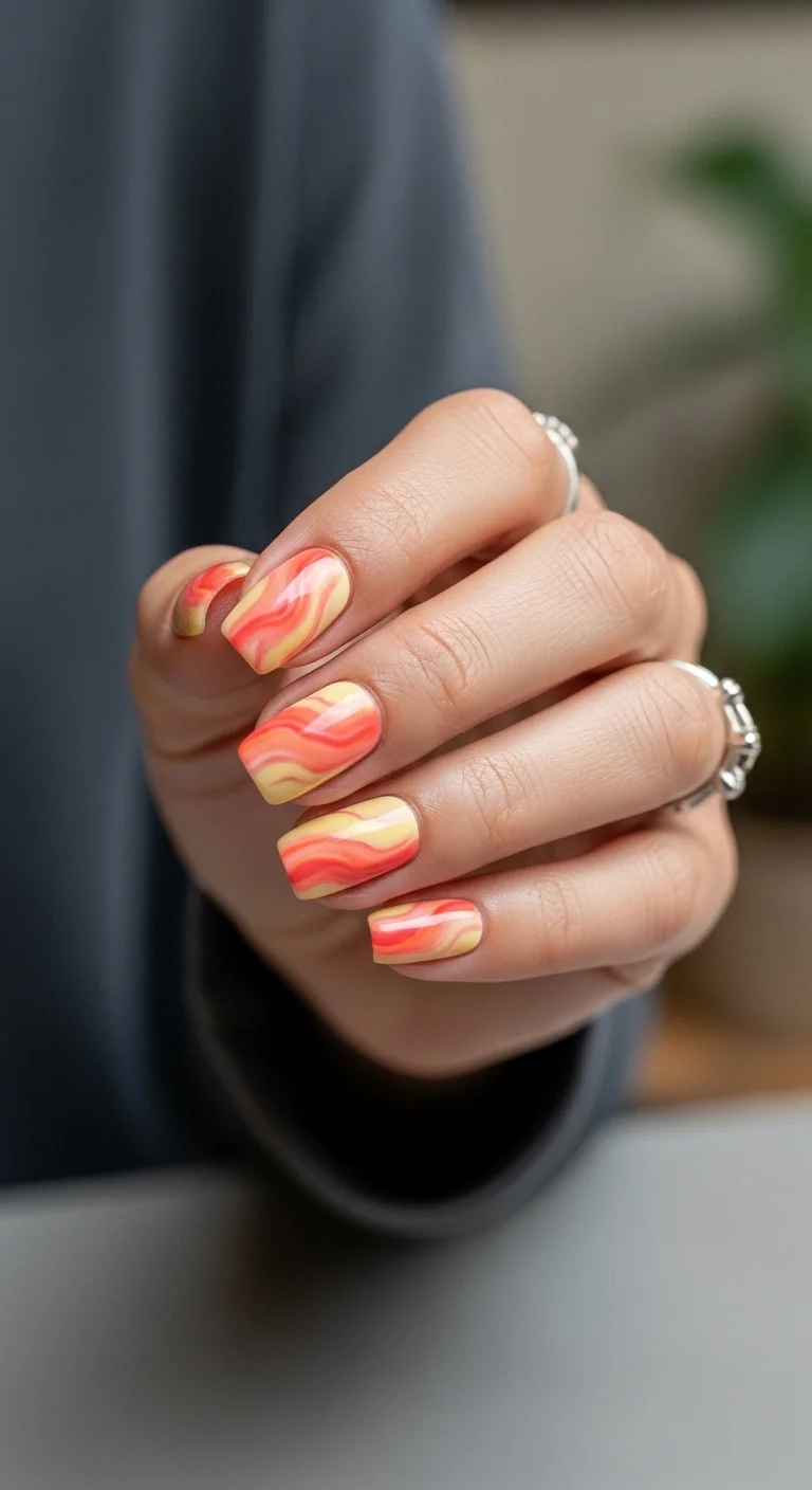 Coffin nails with a white base and abstract swirl lines in coral, orange, and yellow.
