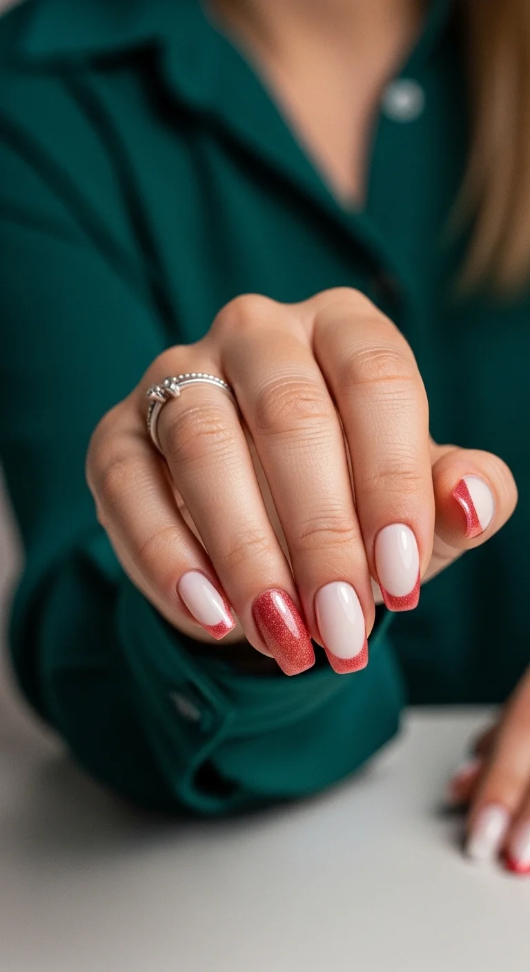 Almond nails with a sheer nude base and red glitter French tips.