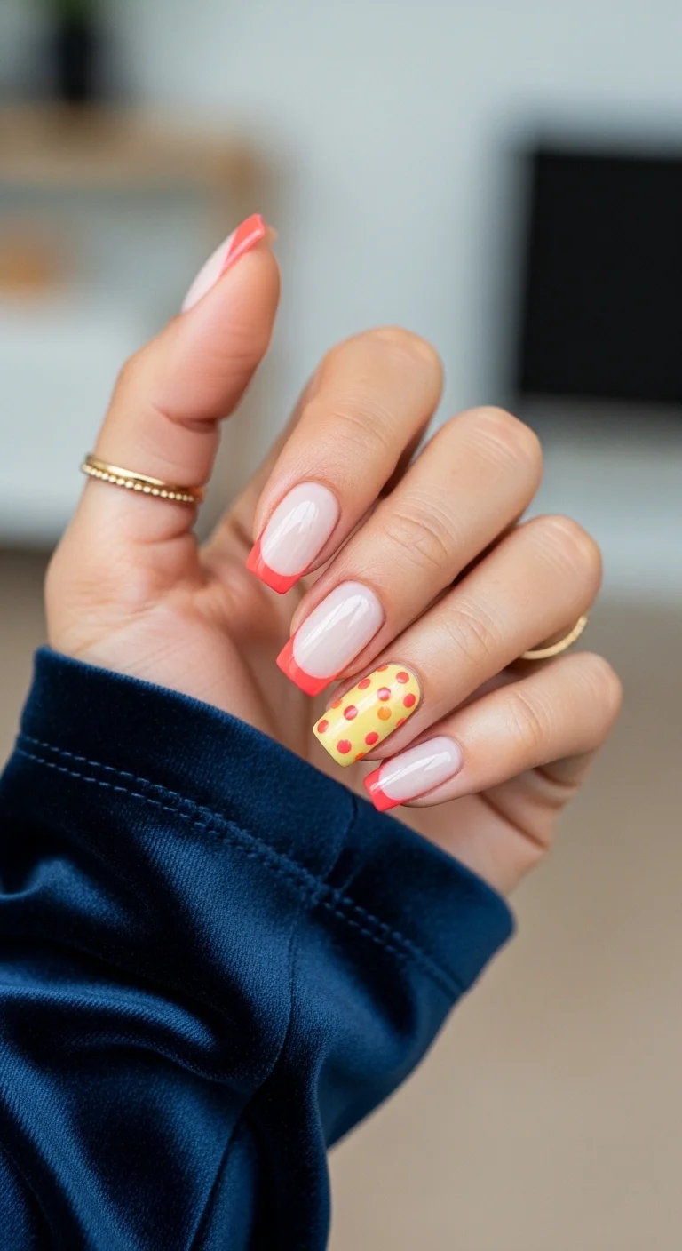 Almond nails with white French tips and a polka dot accent nail featuring red and yellow dots.