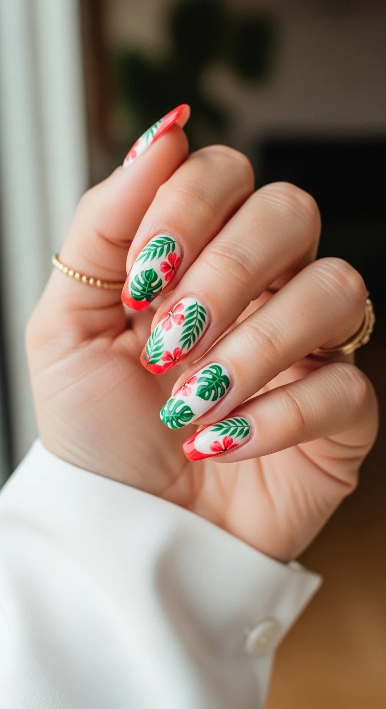 Almond nails with white base, coral French tips, and detailed tropical leaves and hibiscus flowers.
