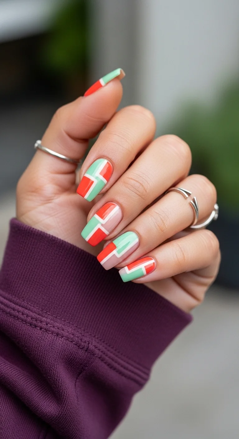 Square nails with geometric color-blocked sections in coral-red, mint green, white, and nude.