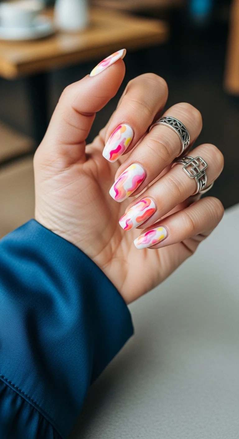 Coffin nails with a white base and abstract watercolor-style swirls in pink, coral, and yellow.