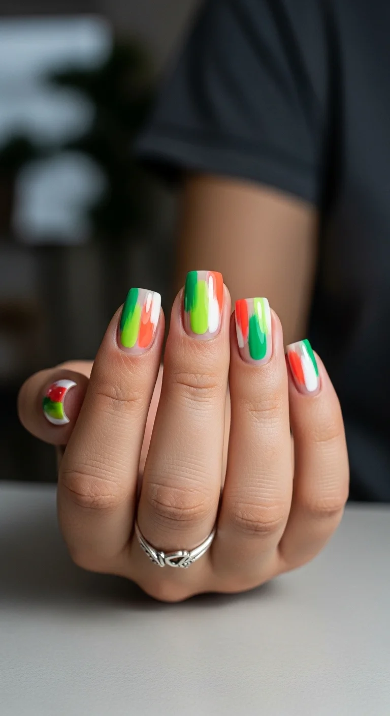Short square nails with bold vertical stripes in coral, orange, green, and white.