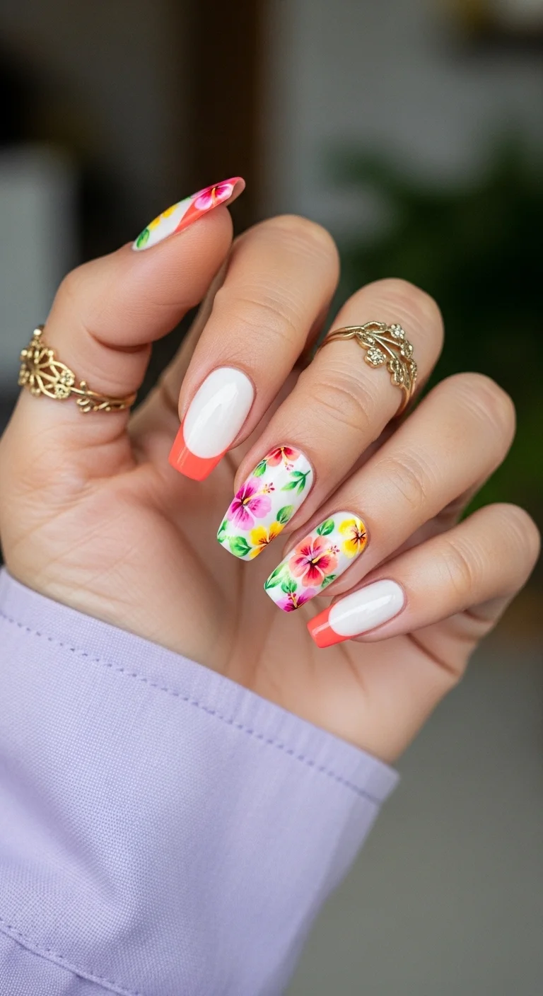 Almond nails with coral French tips and delicate floral accent art near the cuticle.