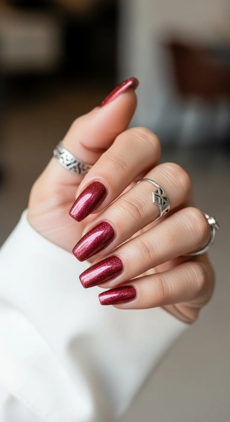 Almond nails with full-coverage red glitter polish on all nails.