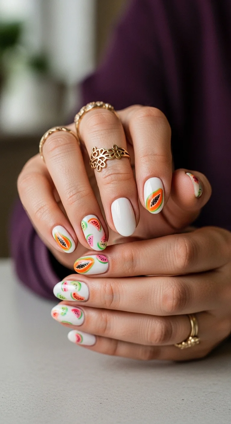 Short oval nails with a white base featuring hand-painted papaya, watermelon, and kiwi fruit slices.