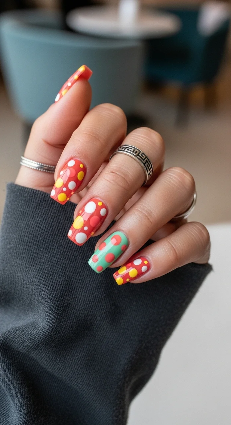 Short oval nails with a white base and colorful polka dots in mint green, coral, and yellow.
