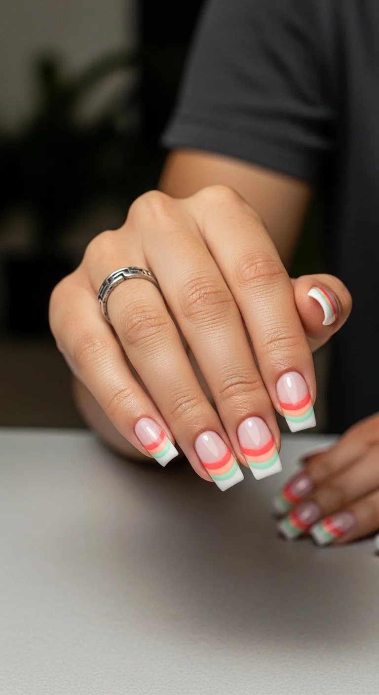 Almond nails with white French tips and colorful striped accent nails in red, orange, and mint green.