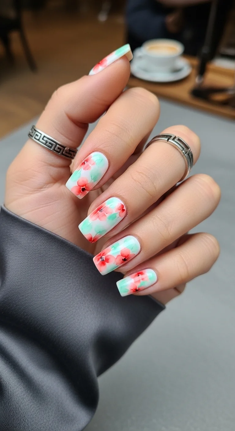 Square nails with a mint green and white watercolor base featuring soft coral-red floral elements.