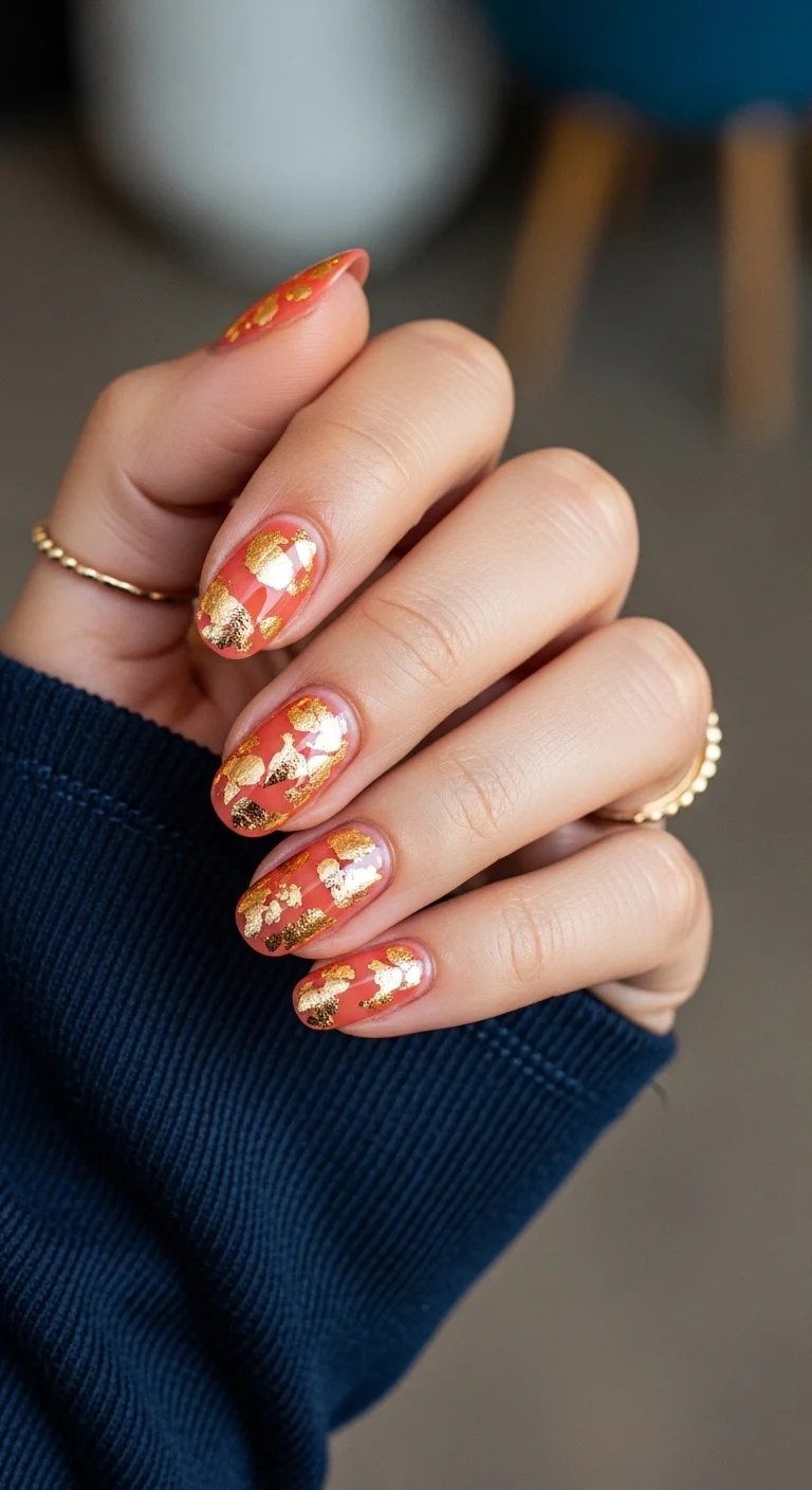 Almond nails with a warm coral base and scattered gold foil flakes.