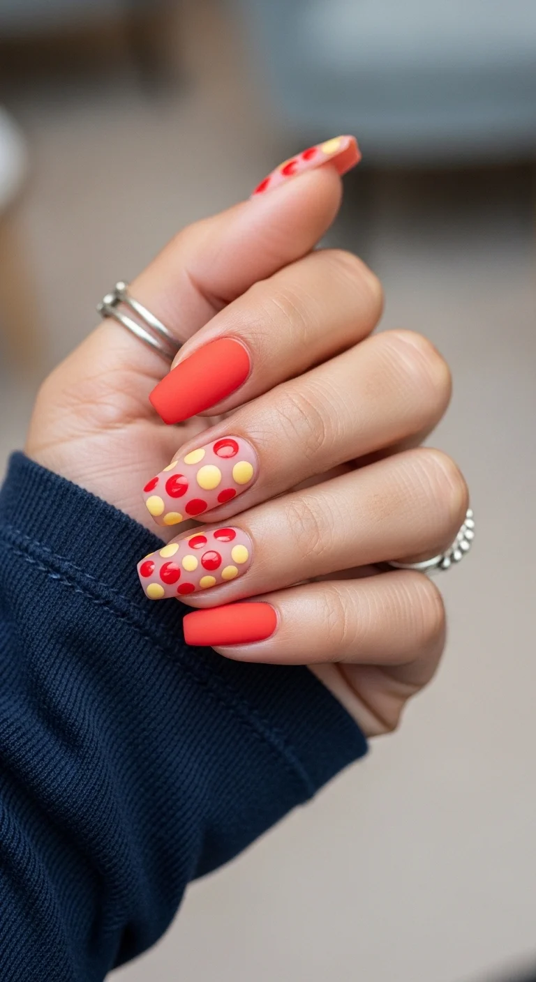 Coffin nails with matte coral-red on the index and pinky fingers, and sheer nude nails with red and yellow polka dots on the middle and ring fingers.