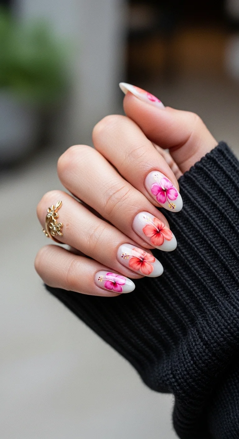 Almond nails with a milky white base featuring hand-painted hibiscus flowers in pink and coral with green leaves.