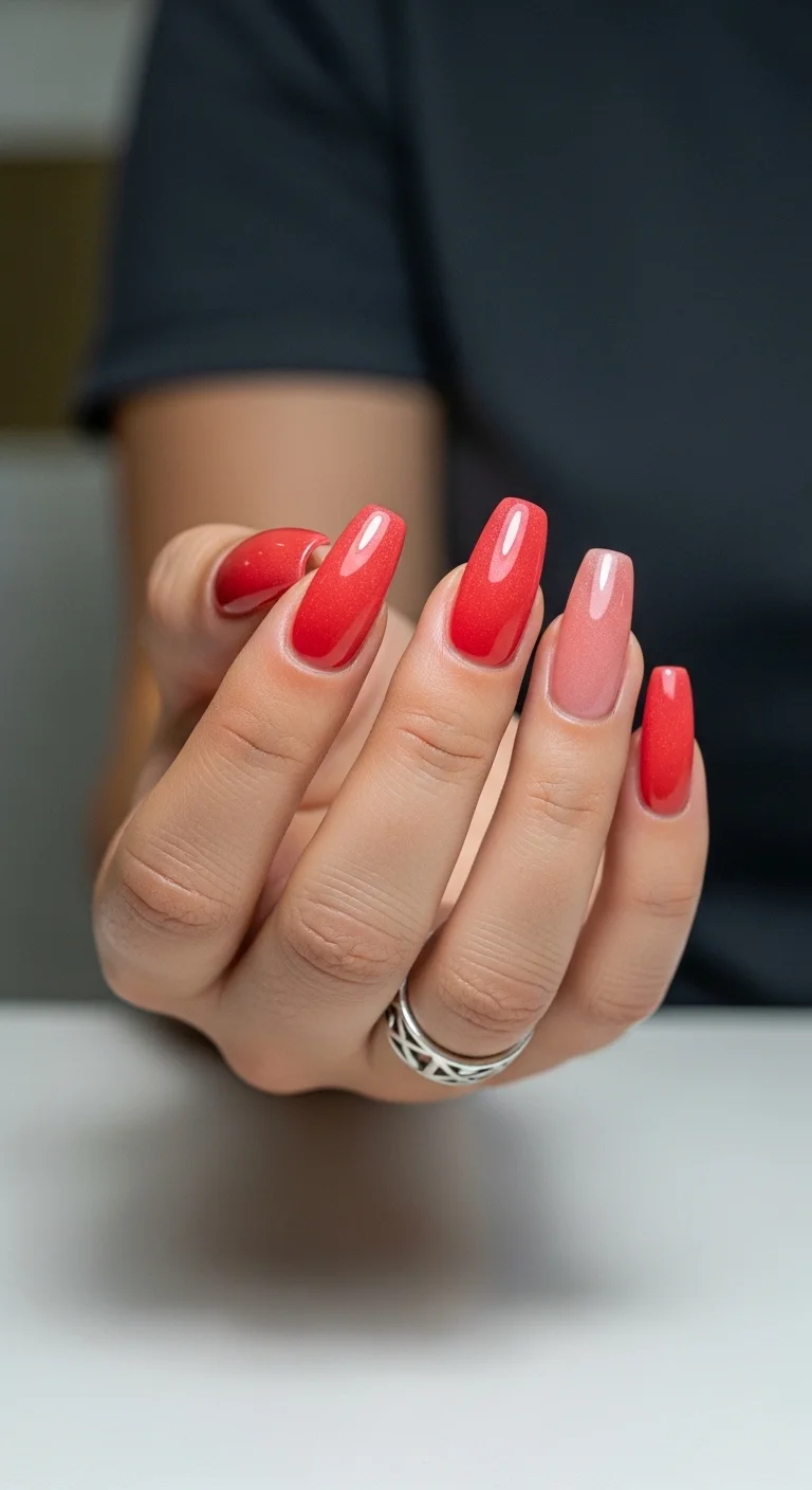 Almond nails with a smooth gradient transitioning from deep red at the cuticle to soft pink at the tips.