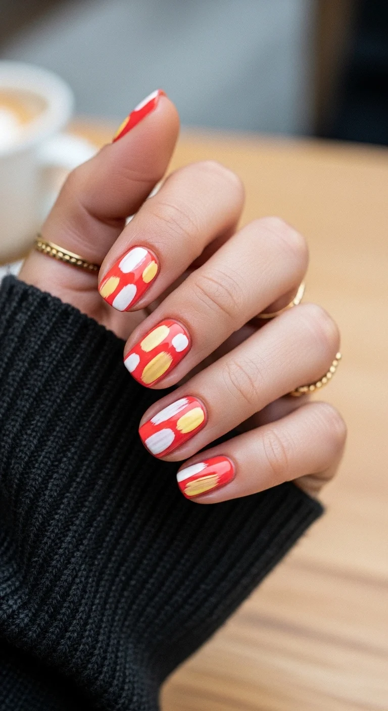 Short oval nails with a white base and colorful polka dots in red, yellow, and coral.