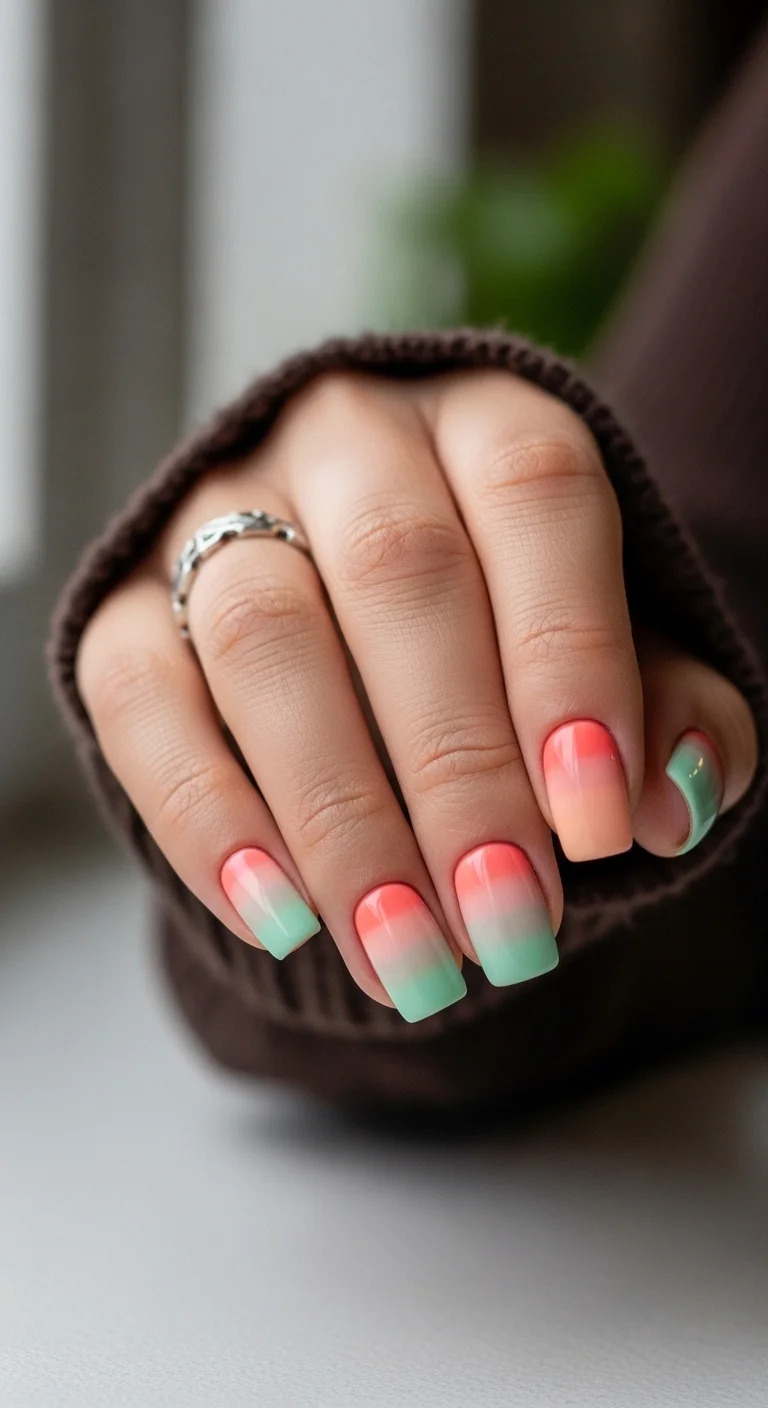 Square nails with a smooth gradient transitioning from coral-pink at the cuticle to mint green at the tips.