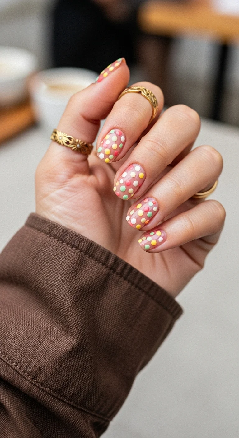 Short oval nails with a sheer pink base and small colorful polka dots in green, pink, yellow, and white.