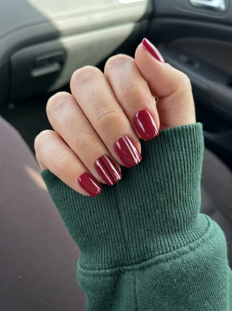 Cranberry Nails With Fine Vertical Stripes