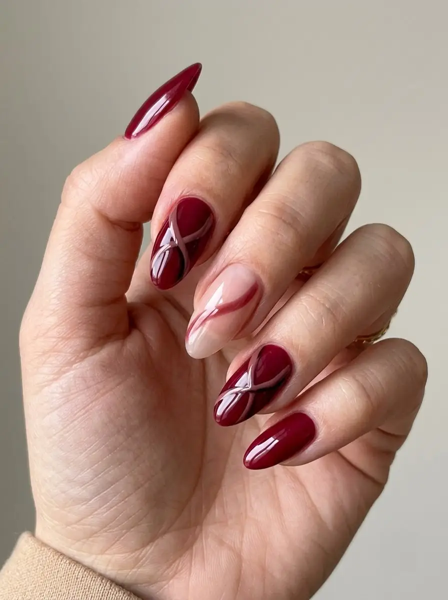 Abstract Cranberry Ribbon Nails