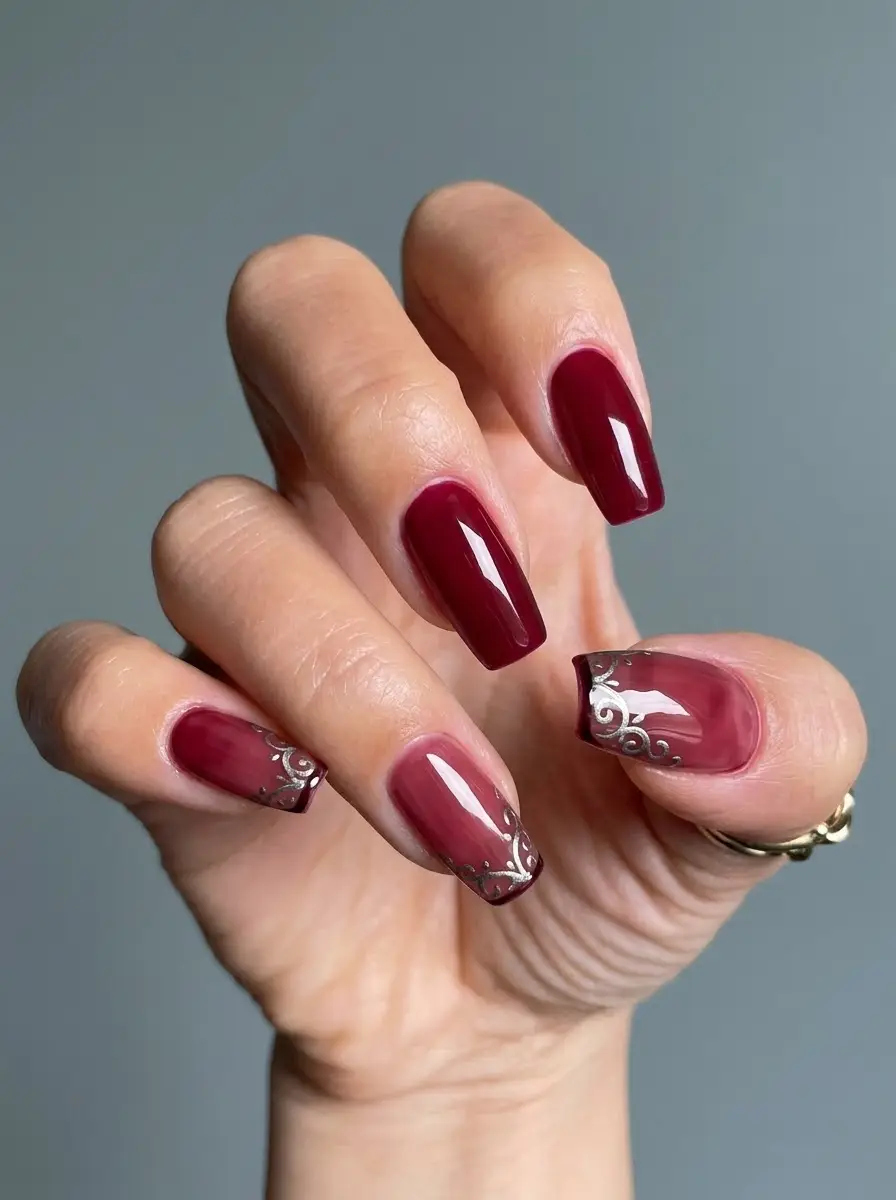 Cranberry French Nails With Silver Filigree