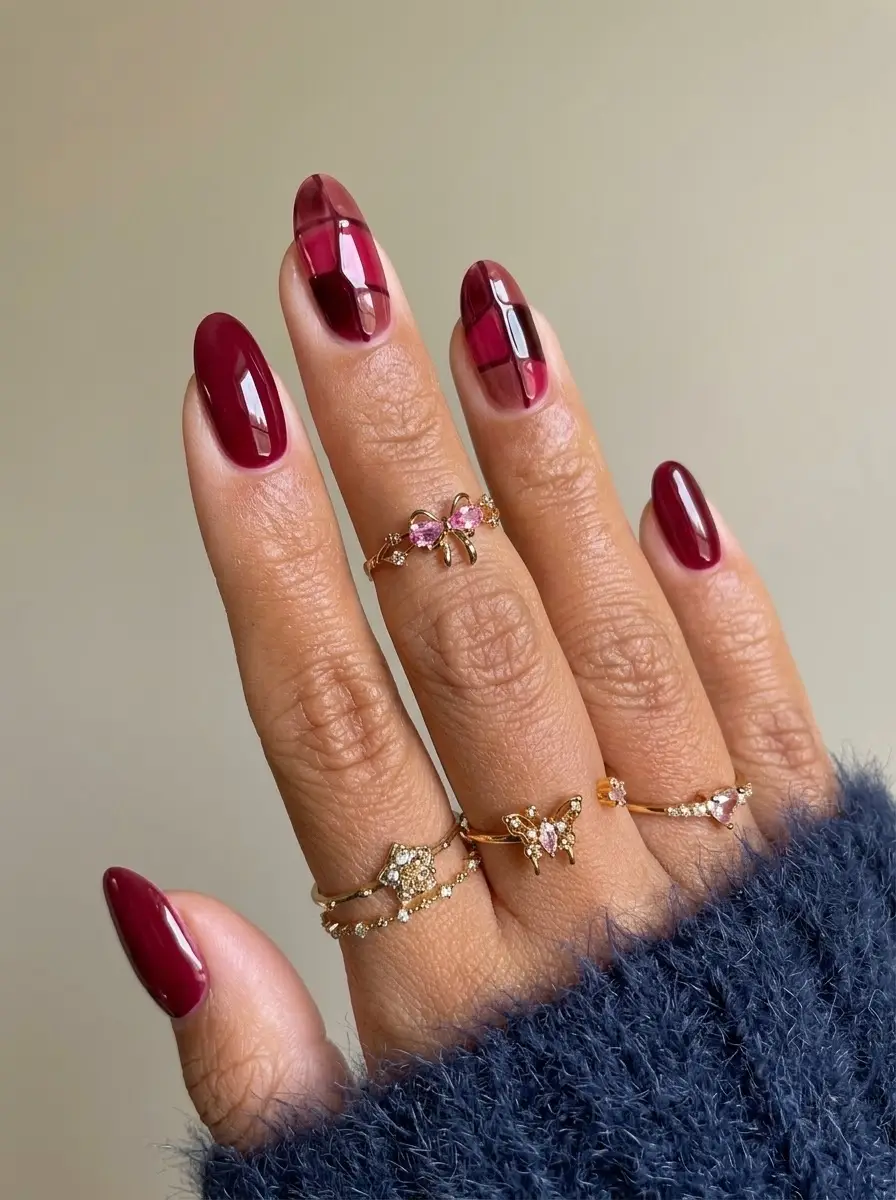 Cranberry Checkerboard Accent Nails