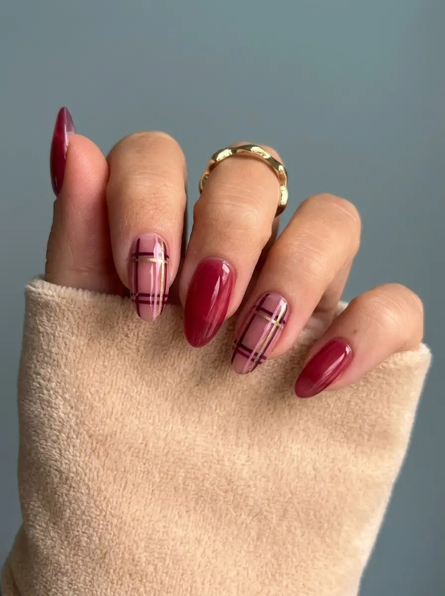 Cranberry Plaid Nails