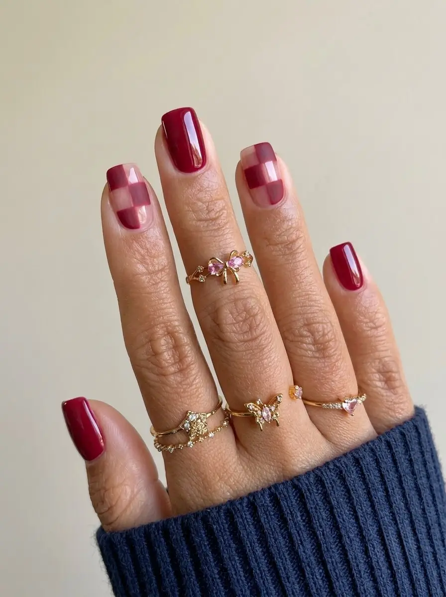 Cranberry Checkerboard Nails