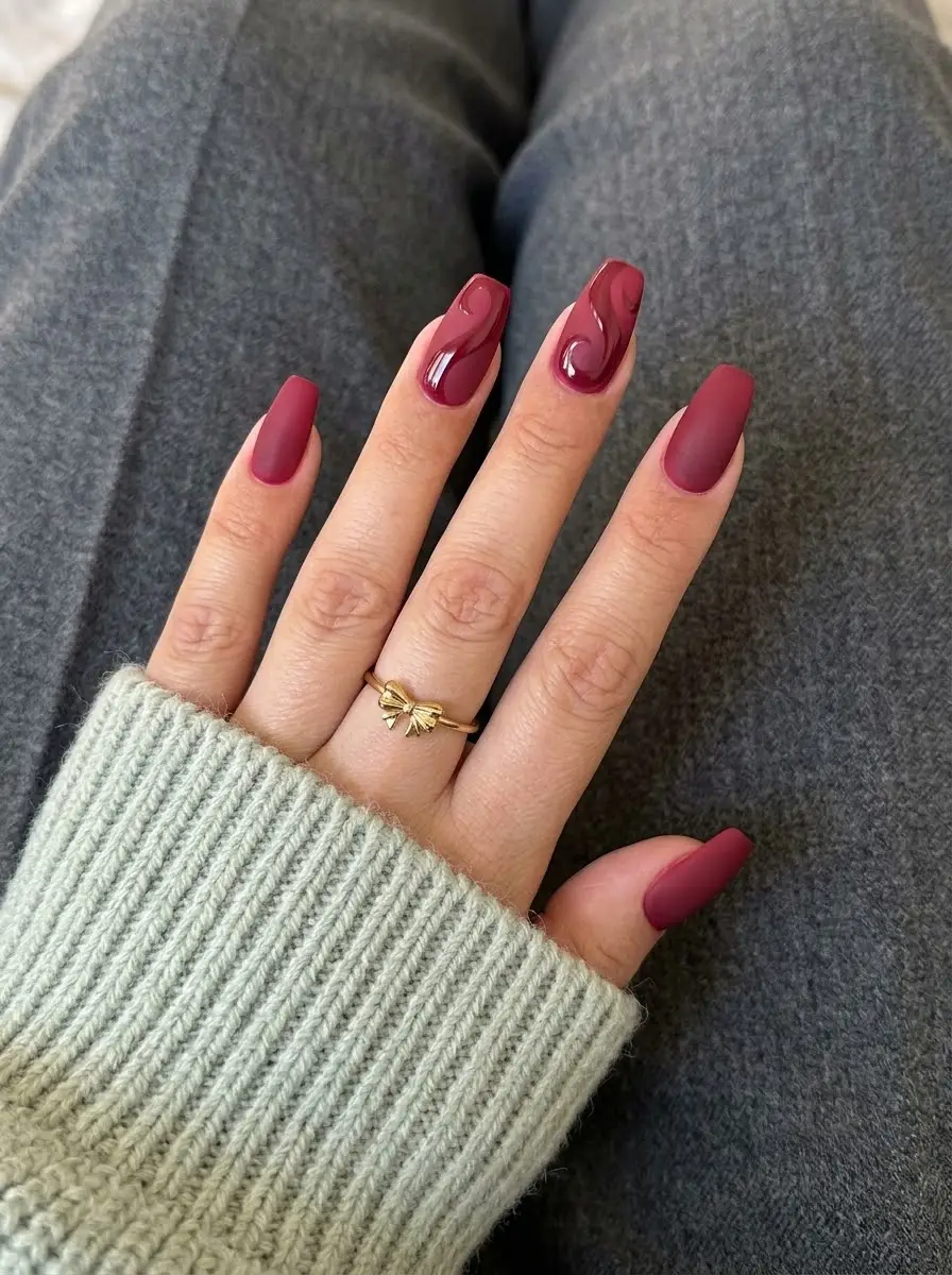 Matte Cranberry Swirl Nails