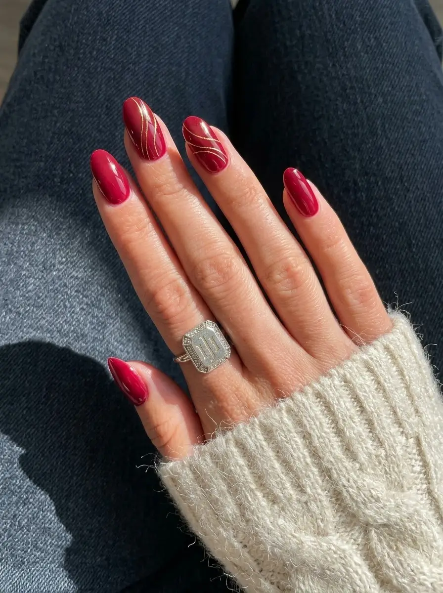 Cranberry Nails With Gold Waves