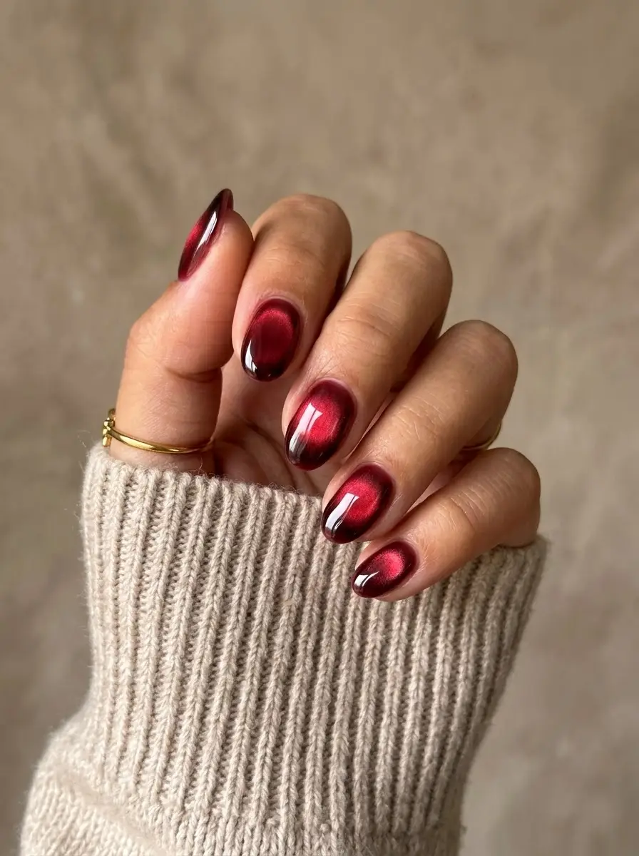 Deep Cranberry Cat-Eye Nails